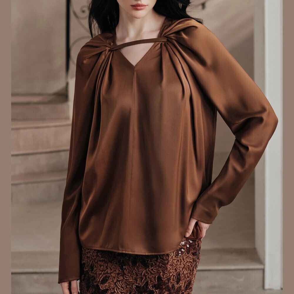 Brown Satin Twist Neck Cutout V Neck Oversized Long Sleeve Blouse